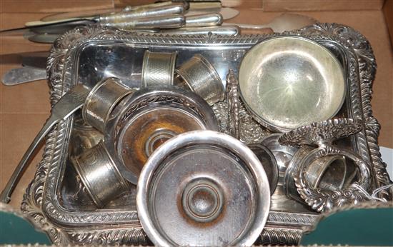 A pair of plated entree dishes, covers and handles, other plate ware including coasters etc and silver handled butter knives etc.